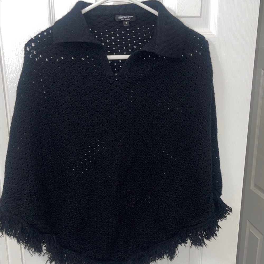 SHEIN Black Crochet Poncho Sweater